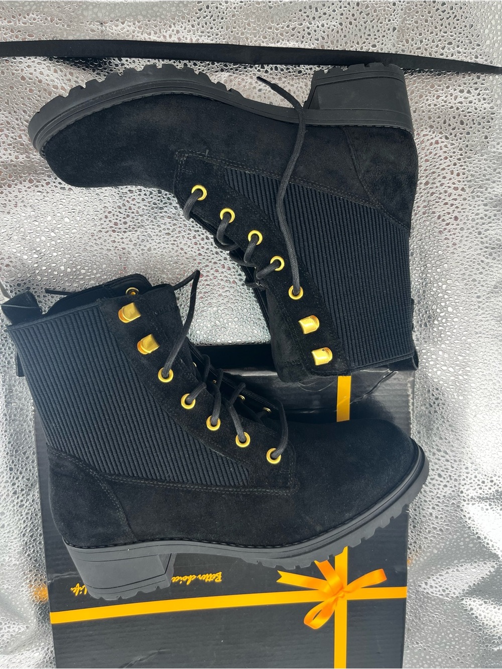 Cole Haan Waterproof Combat Boots Suede Knit Bootie Black Size 8C Wilde Grand360